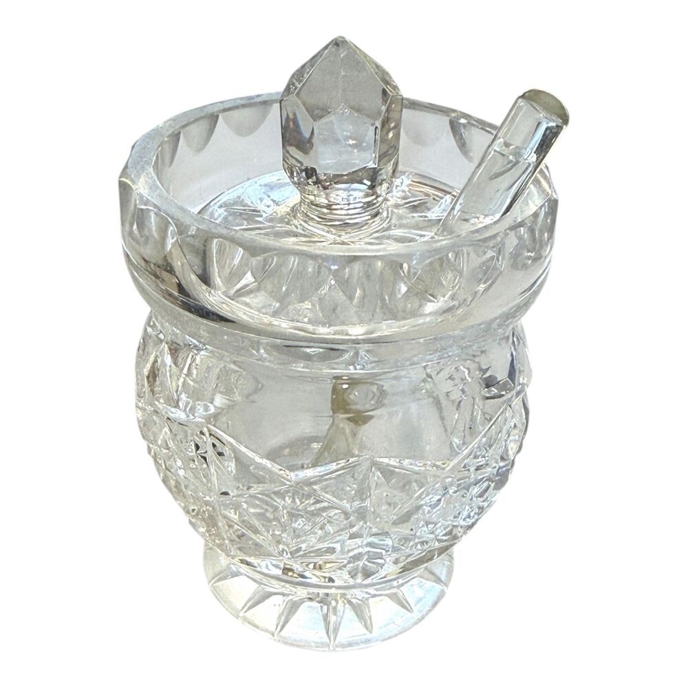 Vintage Cut Crystal Condiment/Jam/Jelly Jar With Slotted Lid Spoon Footed 3in